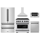 ZLINE 5-Piece Appliance Package - 36-Inch Paramount Autograph Gas Range, Wall Mount Range Hood, 36-Inch French Door Refrigerator, Dishwasher, and 30-Inch Microwave Drawer in Stainless Steel with Matte Black Accents