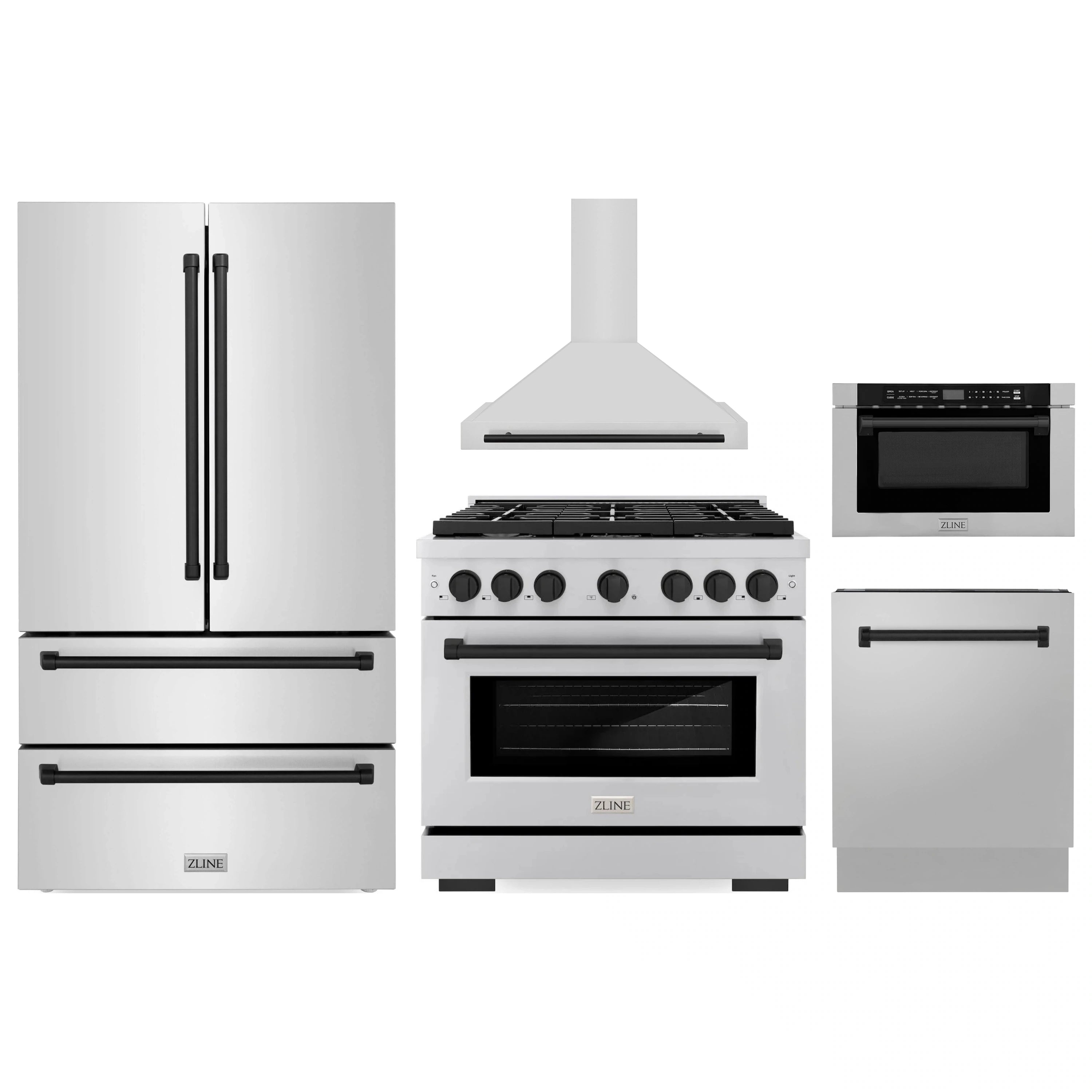 Stainless steel appliance package with refrigerator, gas range, and microwave drawer
