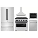 ZLINE 5-Piece Appliance Package - 36-Inch Paramount Autograph Gas Range, Wall Mount Range Hood, 36-Inch French Door Refrigerator, Dishwasher, and 30-Inch Microwave Drawer in Stainless Steel with Matte Black Accents