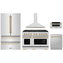 ZLINE 5-Piece Appliance Package - 48-Inch Paramount Autograph Gas Range, Wall Mount Range Hood, 36-Inch French Door Refrigerator, Dishwasher, and 30-Inch Microwave Drawer in Stainless Steel with Champagne Bronze Accents