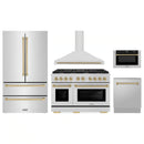 ZLINE 5-Piece Appliance Package - 48-Inch Paramount Autograph Gas Range, Wall Mount Range Hood, 36-Inch French Door Refrigerator, Dishwasher, and 30-Inch Microwave Drawer in Stainless Steel with Champagne Bronze Accents