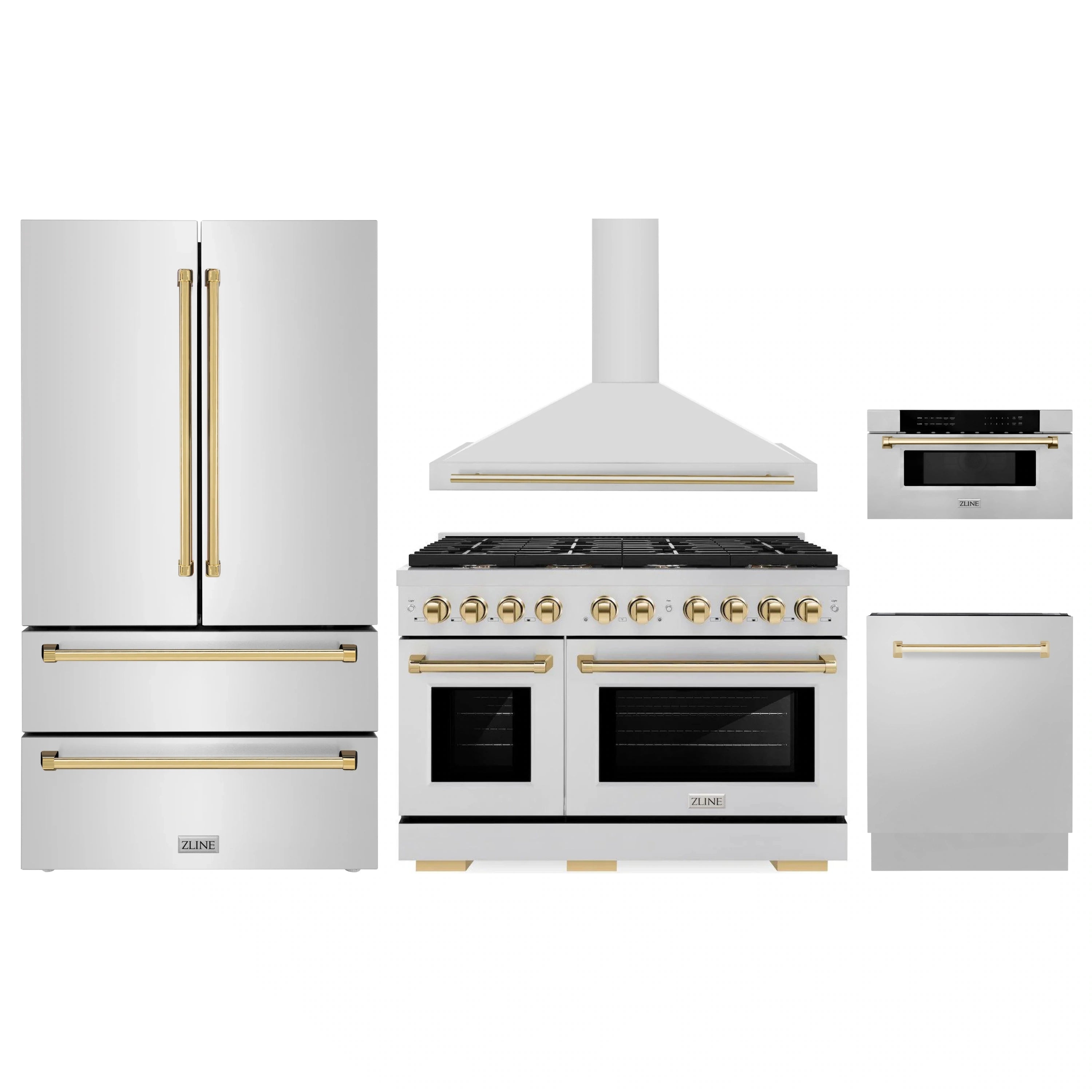 Stainless steel appliance package with gas range, wall hood, refrigerator, dishwasher, microwave