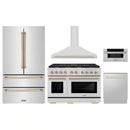 ZLINE 5-Piece Appliance Package - 48-Inch Paramount Autograph Gas Range, Wall Mount Range Hood, 36-Inch French Door Refrigerator, Dishwasher, and 30-Inch Microwave Drawer in Stainless Steel with Gold Accents