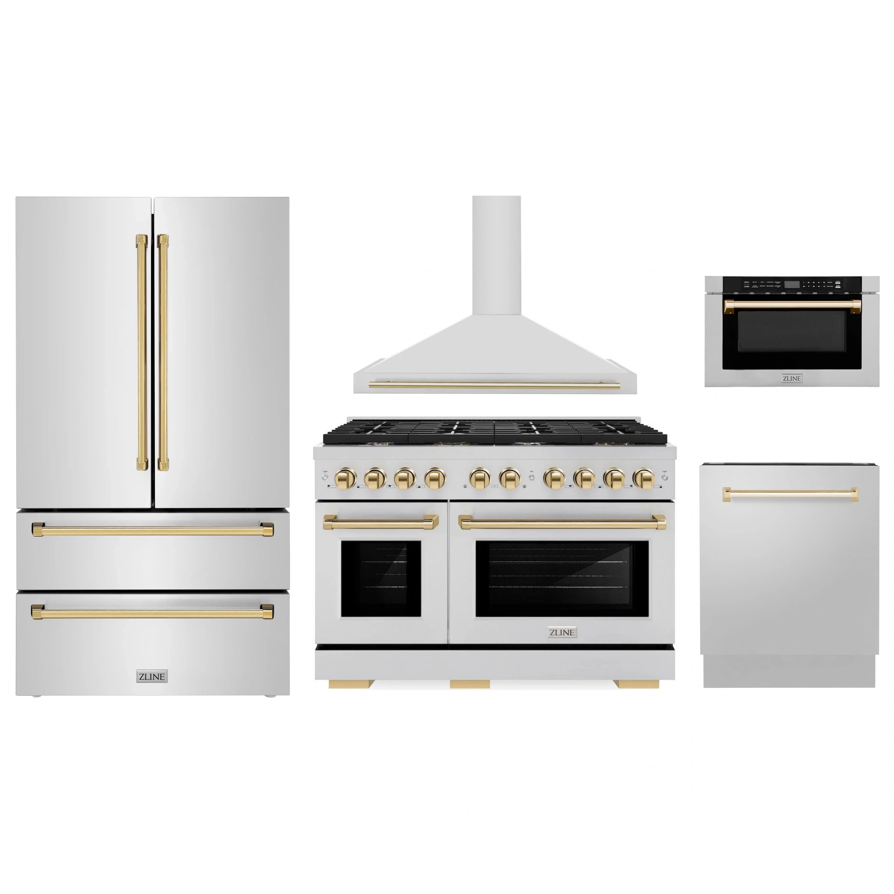 Stainless steel appliance package with gold-accent range, refrigerator, and microwave drawer