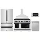 ZLINE 5-Piece Appliance Package - 48-Inch Paramount Autograph Gas Range, Wall Mount Range Hood, 36-Inch French Door Refrigerator, Dishwasher, and 30-Inch Microwave Drawer in Stainless Steel with Matte Black Accents