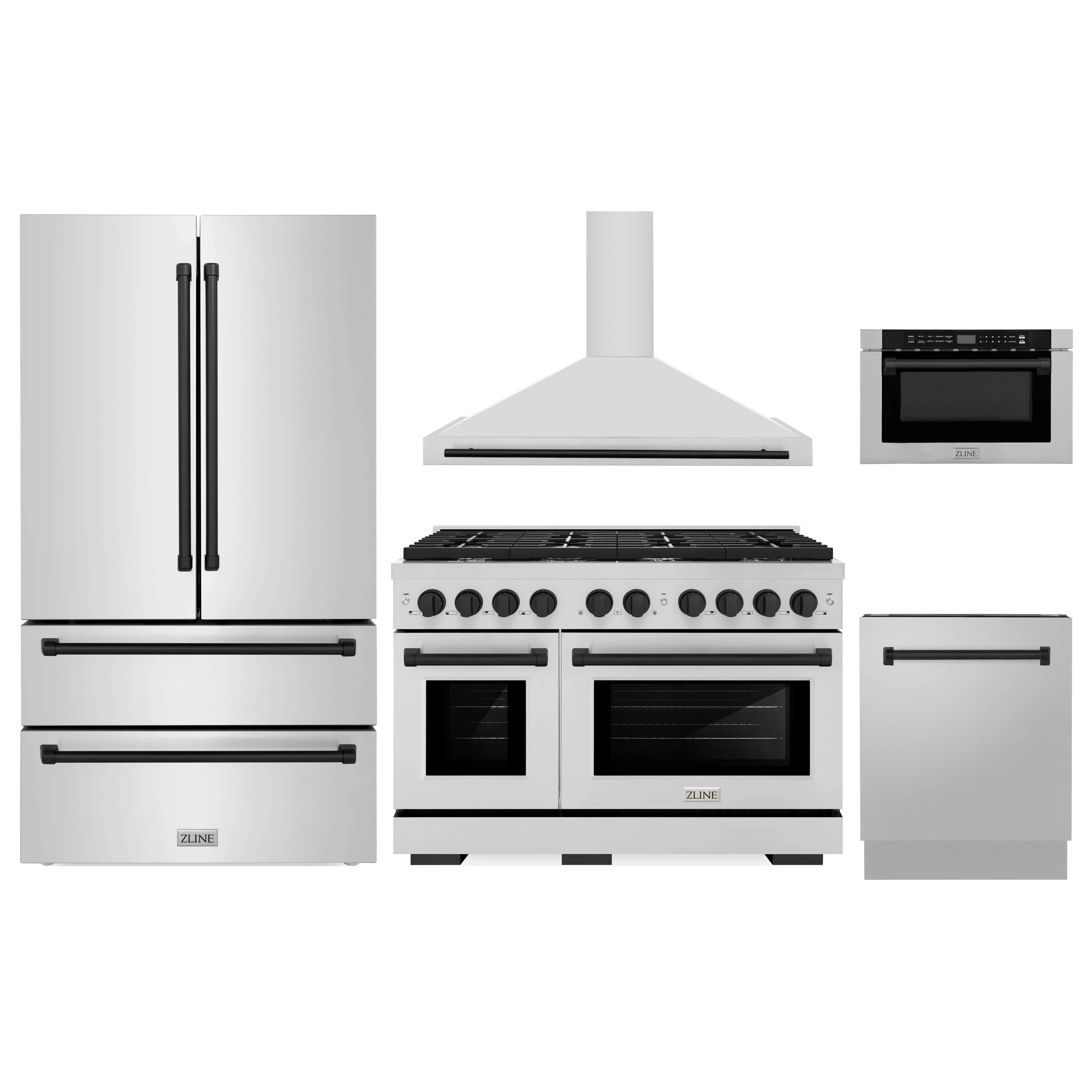 Stainless steel appliance package set with gas range, hood, microwave drawer, dishwasher