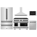 ZLINE 5-Piece Appliance Package - 48-Inch Paramount Autograph Gas Range, Wall Mount Range Hood, 36-Inch French Door Refrigerator, Dishwasher, and 30-Inch Microwave Drawer in Stainless Steel with Matte Black Accents