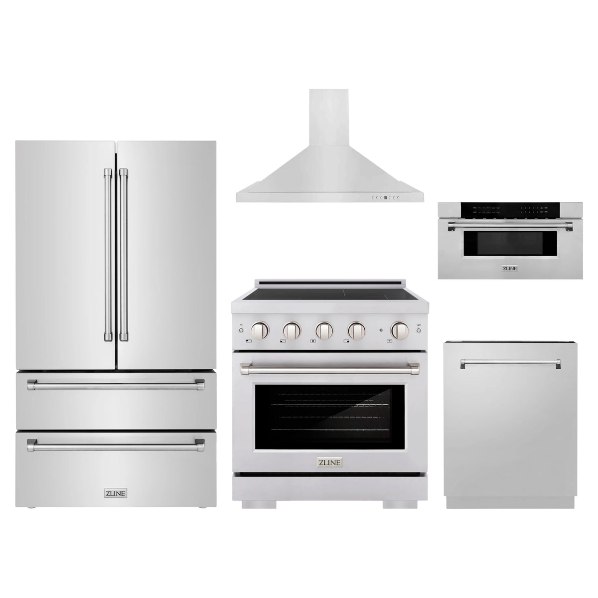 ZLINE 5-Piece Appliance Package - 30-Inch Paramount Induction Range, Wall Mount Range Hood, 36-Inch French Door Refrigerator, Dishwasher, and 30-Inch Microwave Drawer in Stainless Steel