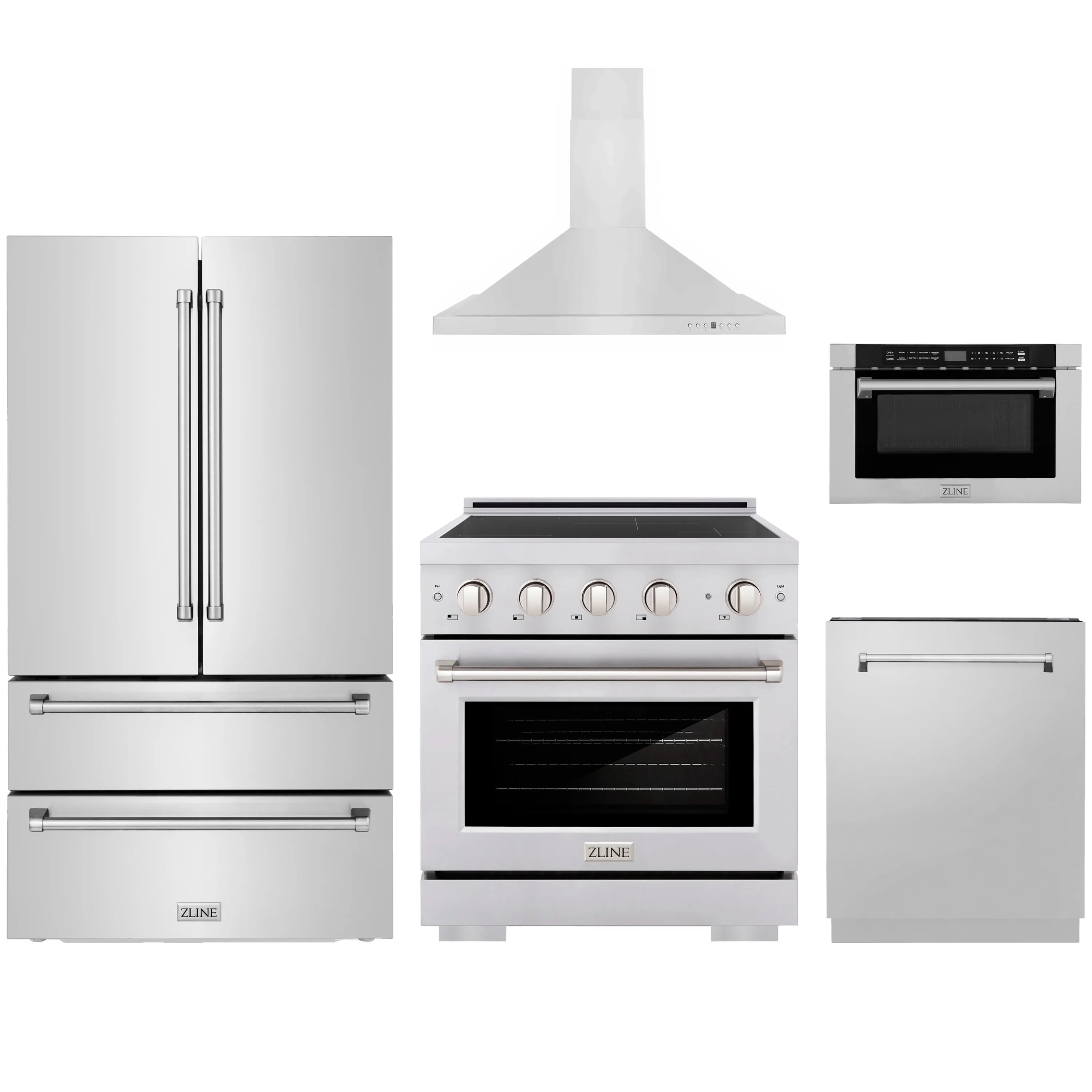 Stainless steel appliance package with refrigerator, range, wall hood, microwave, and dishwasher