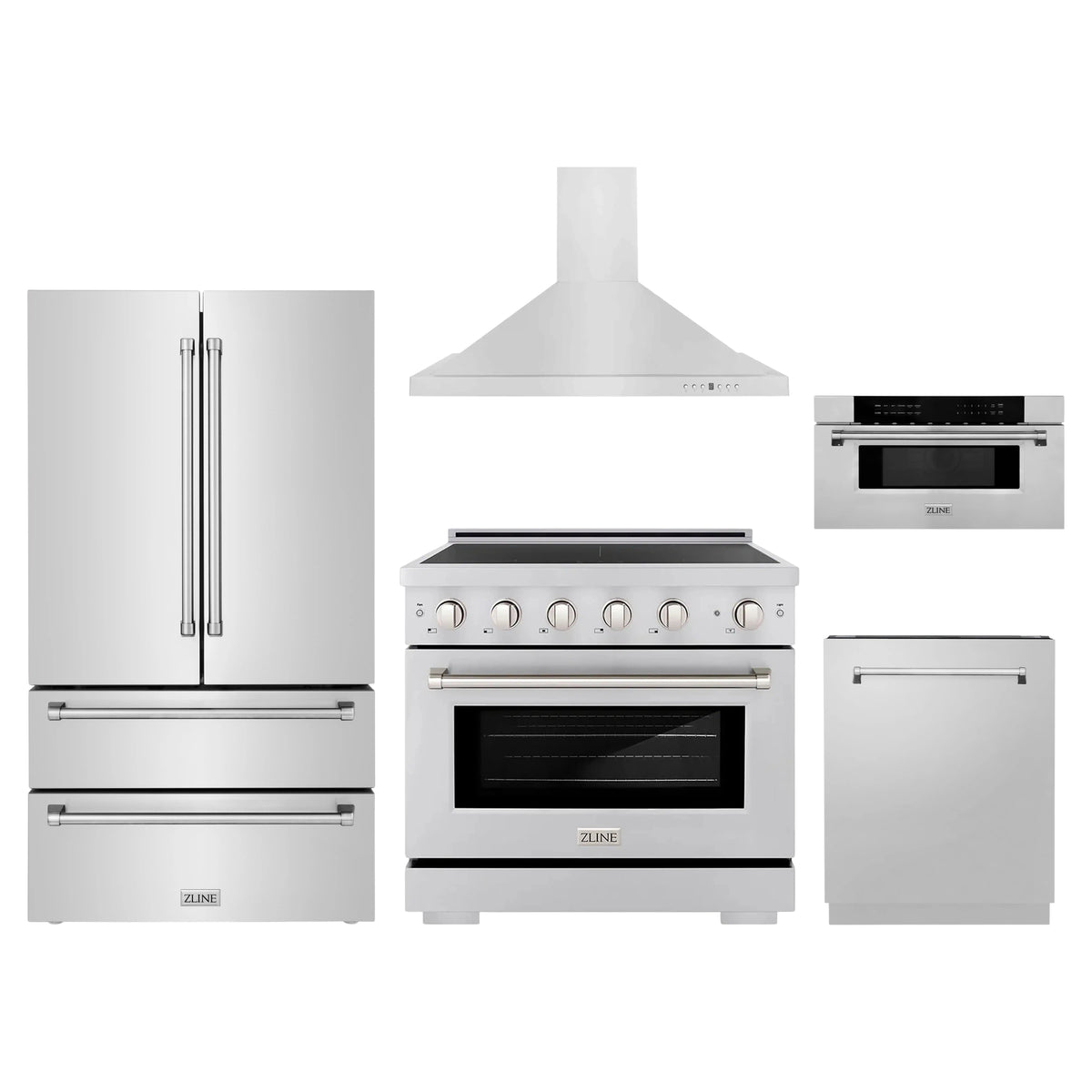 ZLINE 5-Piece Appliance Package - 36-Inch Paramount Induction Range, Wall Mount Range Hood, 36-Inch French Door Refrigerator, Dishwasher, and 30-Inch Microwave Drawer in Stainless Steel