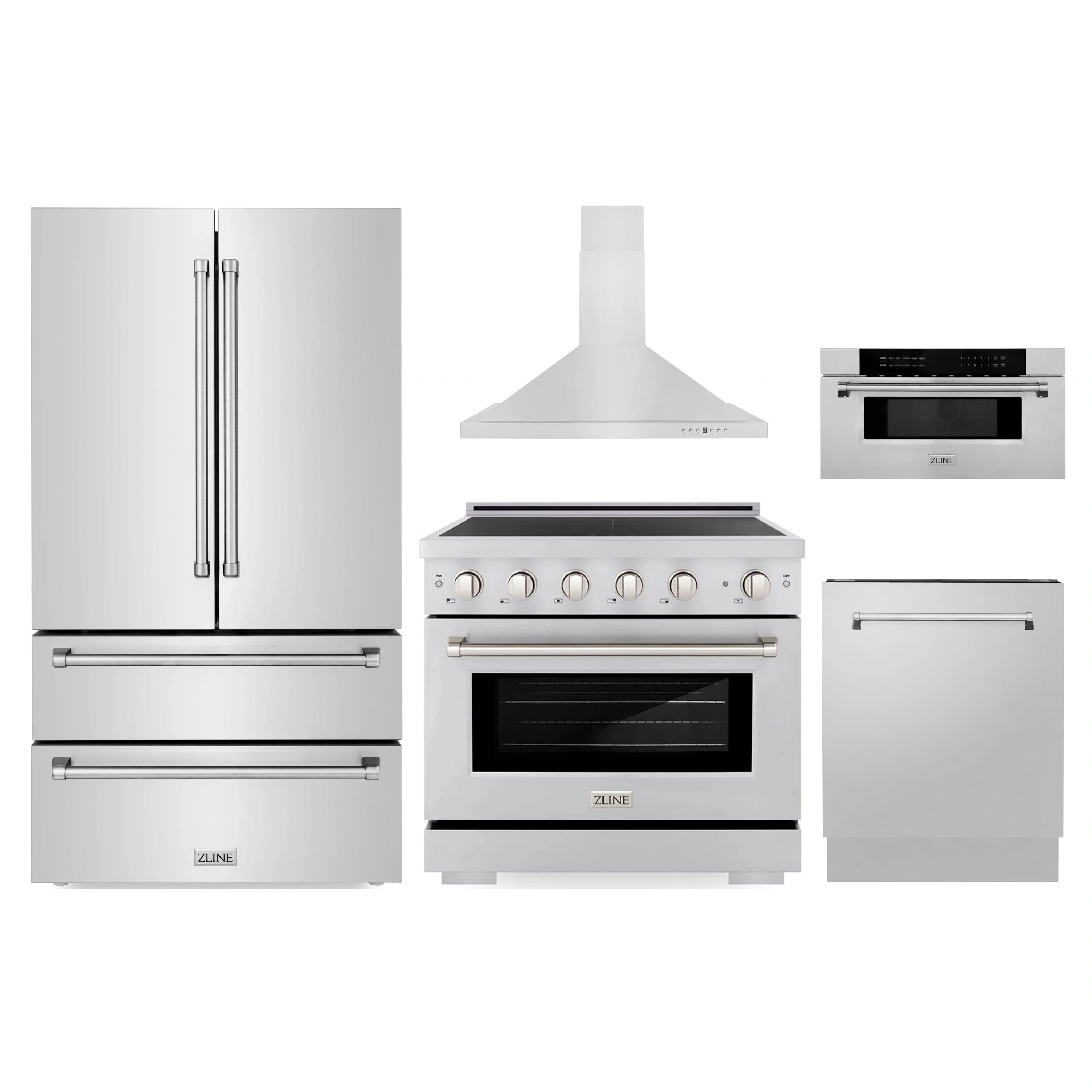 Stainless steel appliance package view: refrigerator, range, hood, and dishwasher