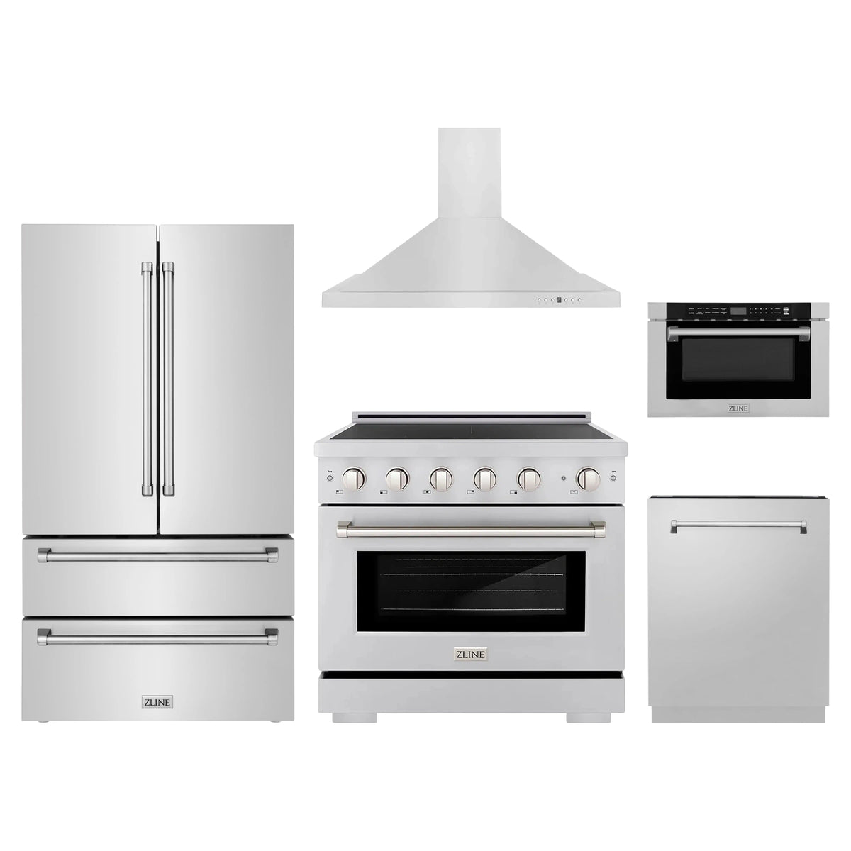 ZLINE 5-Piece Appliance Package - 36-Inch Paramount Induction Range, Wall Mount Range Hood, 36-Inch French Door Refrigerator, Dishwasher, and 24-Inch Microwave Drawer in Stainless Steel