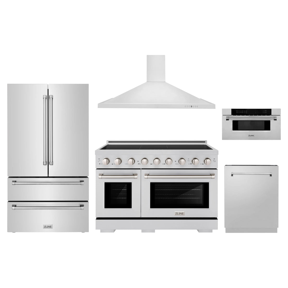 ZLINE 5-Piece Appliance Package - 48-Inch Paramount Induction Range, Wall Mount Range Hood, 36-Inch French Door Refrigerator, Dishwasher, and 30-Inch Microwave Drawer in Stainless Steel