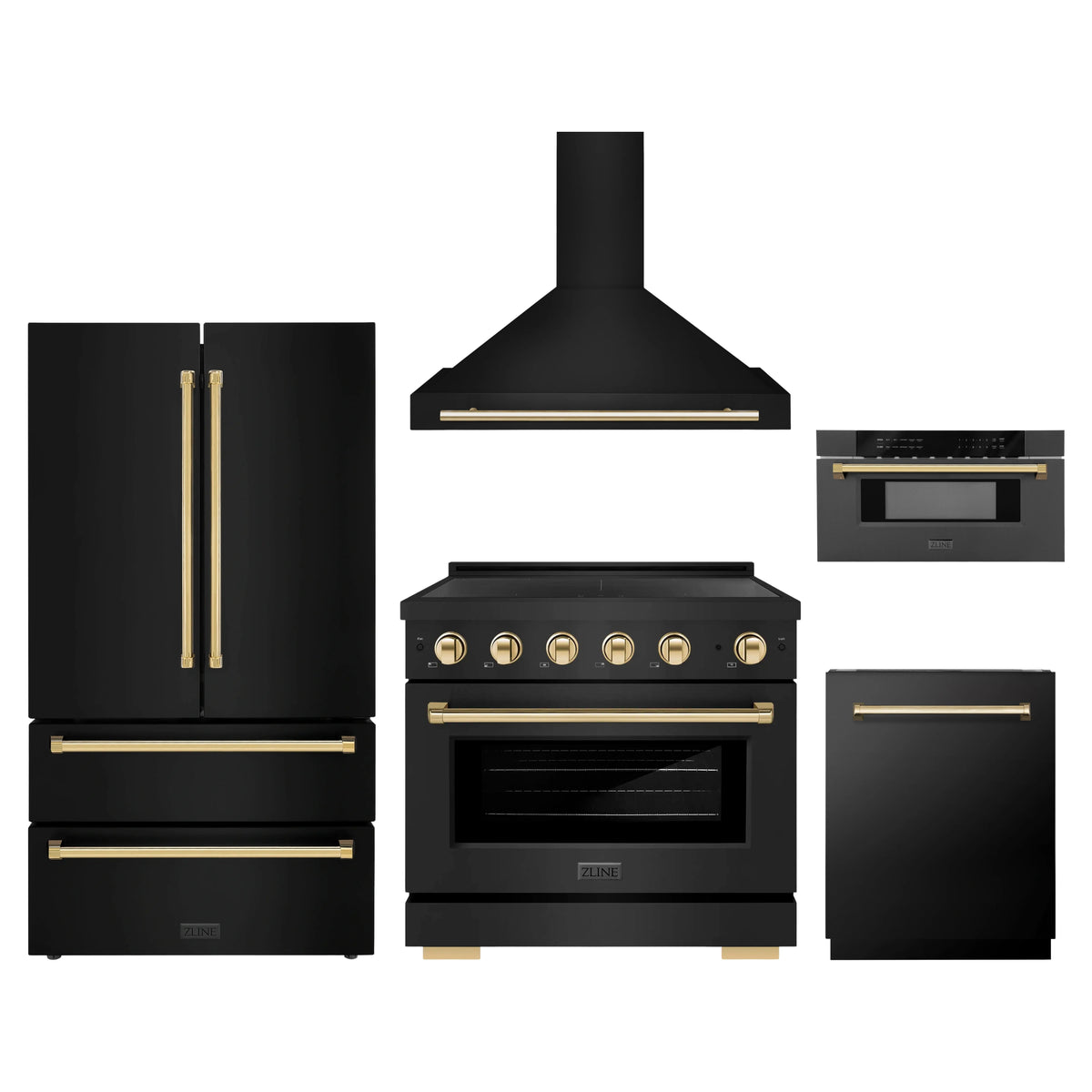 ZLINE 5-Piece Appliance Package - 36-Inch Autograph Edition Induction Range, Wall Mount Range Hood, 36-Inch French Door Refrigerator, Dishwasher, and 30-Inch Microwave Drawer in Black Stainless Steel with Gold Accents
