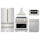 ZLINE 5-Piece Appliance Package - 30-Inch Autograph Induction Range, Wall Mount Range Hood, 36-Inch French Door Refrigerator, Dishwasher, and 30-Inch Microwave Drawer in Stainless Steel with Champagne Bronze Accents