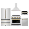 ZLINE 5-Piece Appliance Package - 30-Inch Autograph Induction Range, Wall Mount Range Hood, 36-Inch French Door Refrigerator, Dishwasher, and 30-Inch Microwave Drawer in Stainless Steel with Champagne Bronze Accents