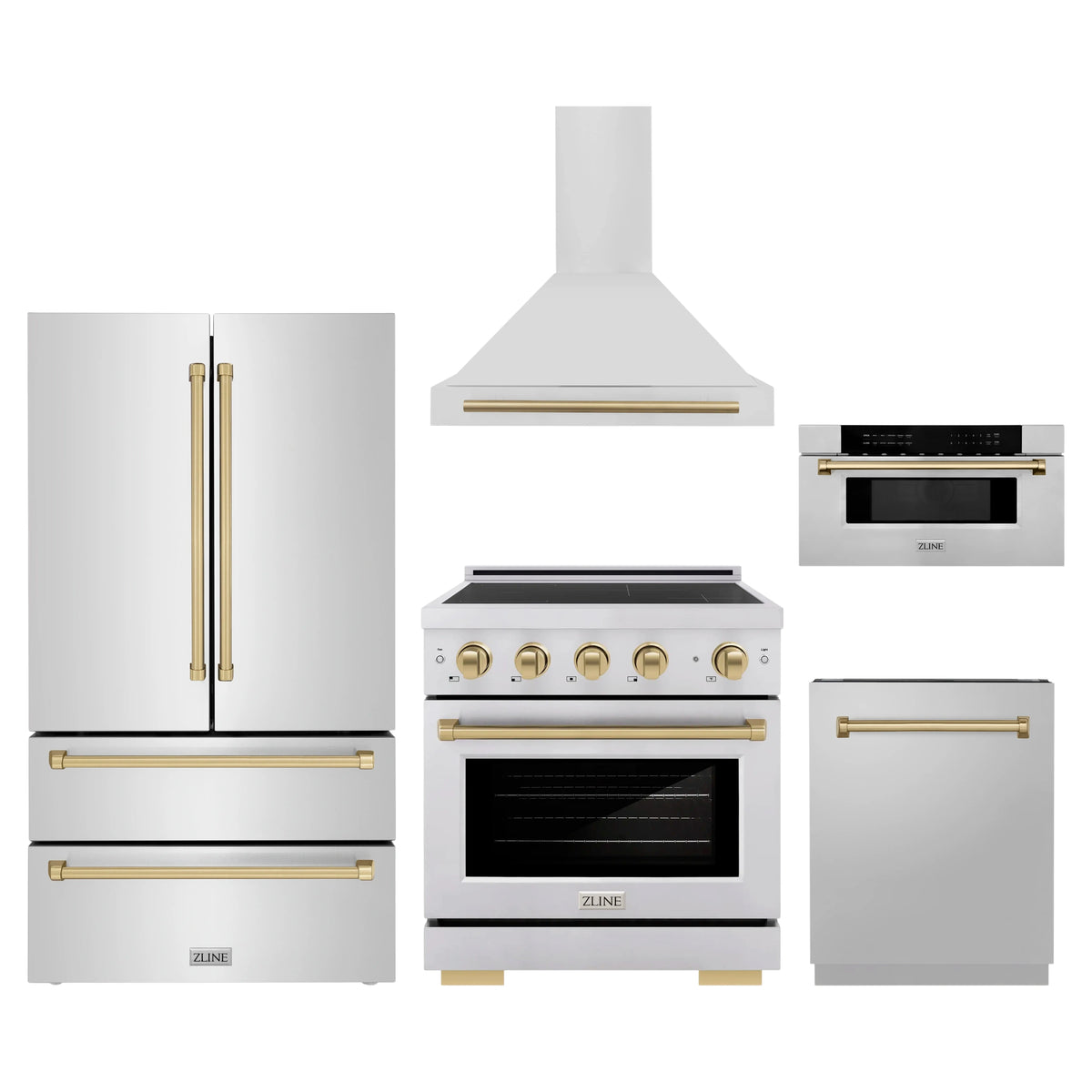 ZLINE 5-Piece Appliance Package - 30-Inch Autograph Induction Range, Wall Mount Range Hood, 36-Inch French Door Refrigerator, Dishwasher, and 30-Inch Microwave Drawer in Stainless Steel with Champagne Bronze Accents