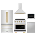 ZLINE 5-Piece Appliance Package - 30-Inch Autograph Induction Range, Wall Mount Range Hood, 36-Inch French Door Refrigerator, Dishwasher, and 24-Inch Microwave Drawer in Stainless Steel with Champagne Bronze Accents