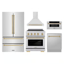ZLINE 5-Piece Appliance Package - 30-Inch Autograph Induction Range, Wall Mount Range Hood, 36-Inch French Door Refrigerator, Dishwasher, and 30-Inch Microwave Drawer in Stainless Steel with Champagne Bronze Accents