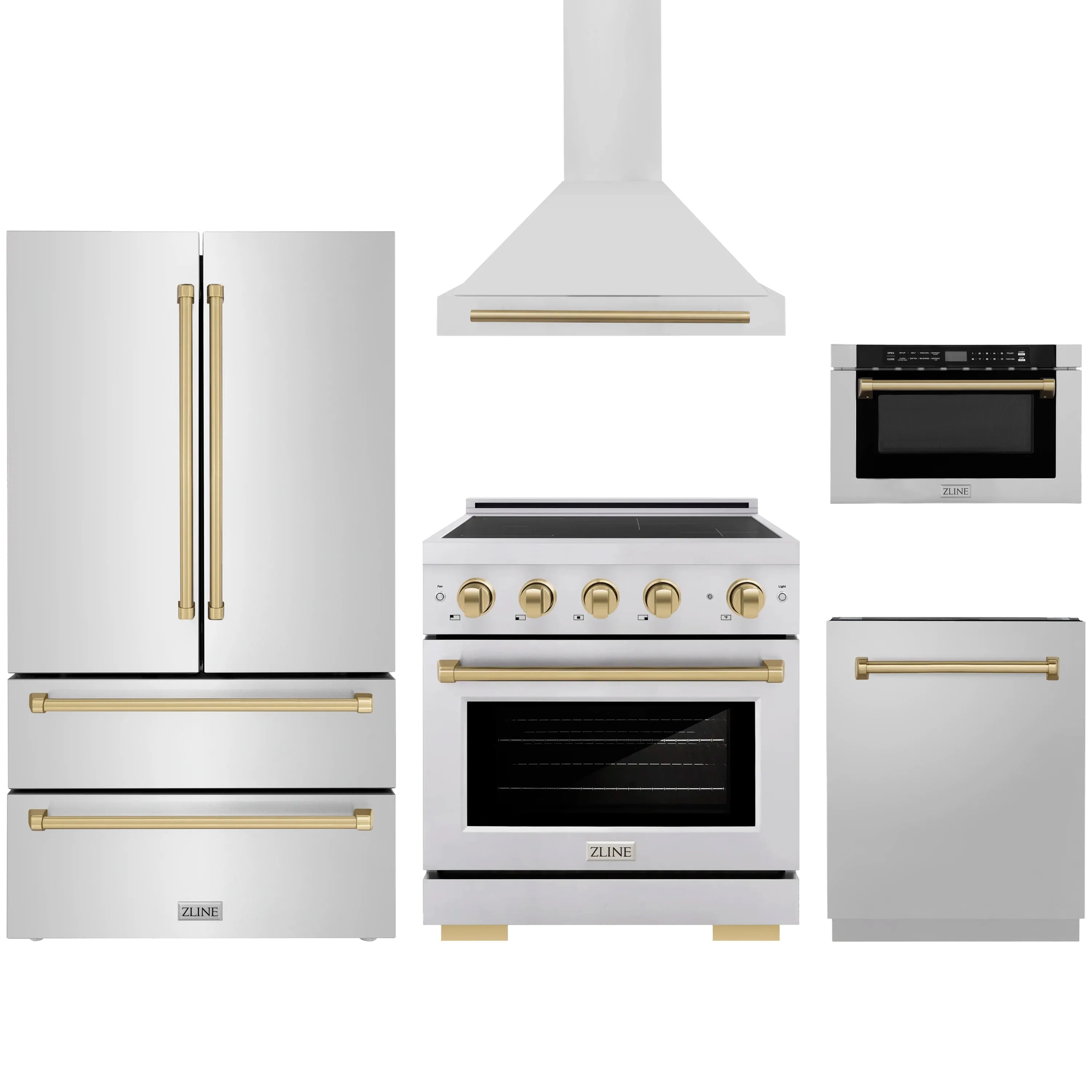 Stainless steel appliance package with champagne bronze accents: range, fridge, dishwasher, microwave