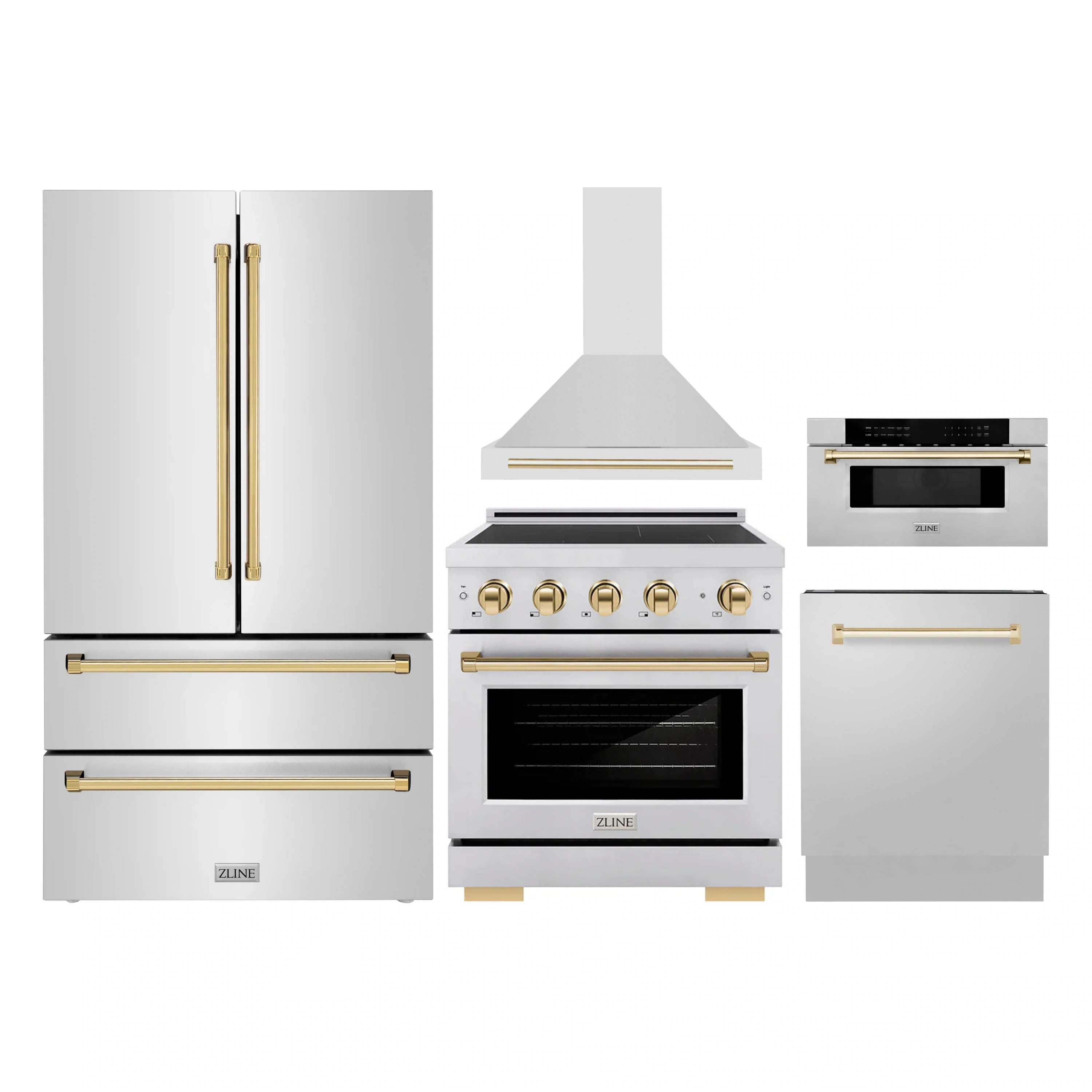 Stainless steel kitchen appliance package with gold-accent refrigerator, range hood, range, microwave.