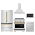ZLINE 5-Piece Appliance Package - 30-Inch Autograph Induction Range, Wall Mount Range Hood, 36-Inch French Door Refrigerator, Dishwasher, and 30-Inch Microwave Drawer in Stainless Steel with Gold Accents