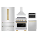 ZLINE 5-Piece Appliance Package - 30-Inch Autograph Induction Range, Wall Mount Range Hood, 36-Inch French Door Refrigerator, Dishwasher, and 30-Inch Microwave Drawer in Stainless Steel with Gold Accents