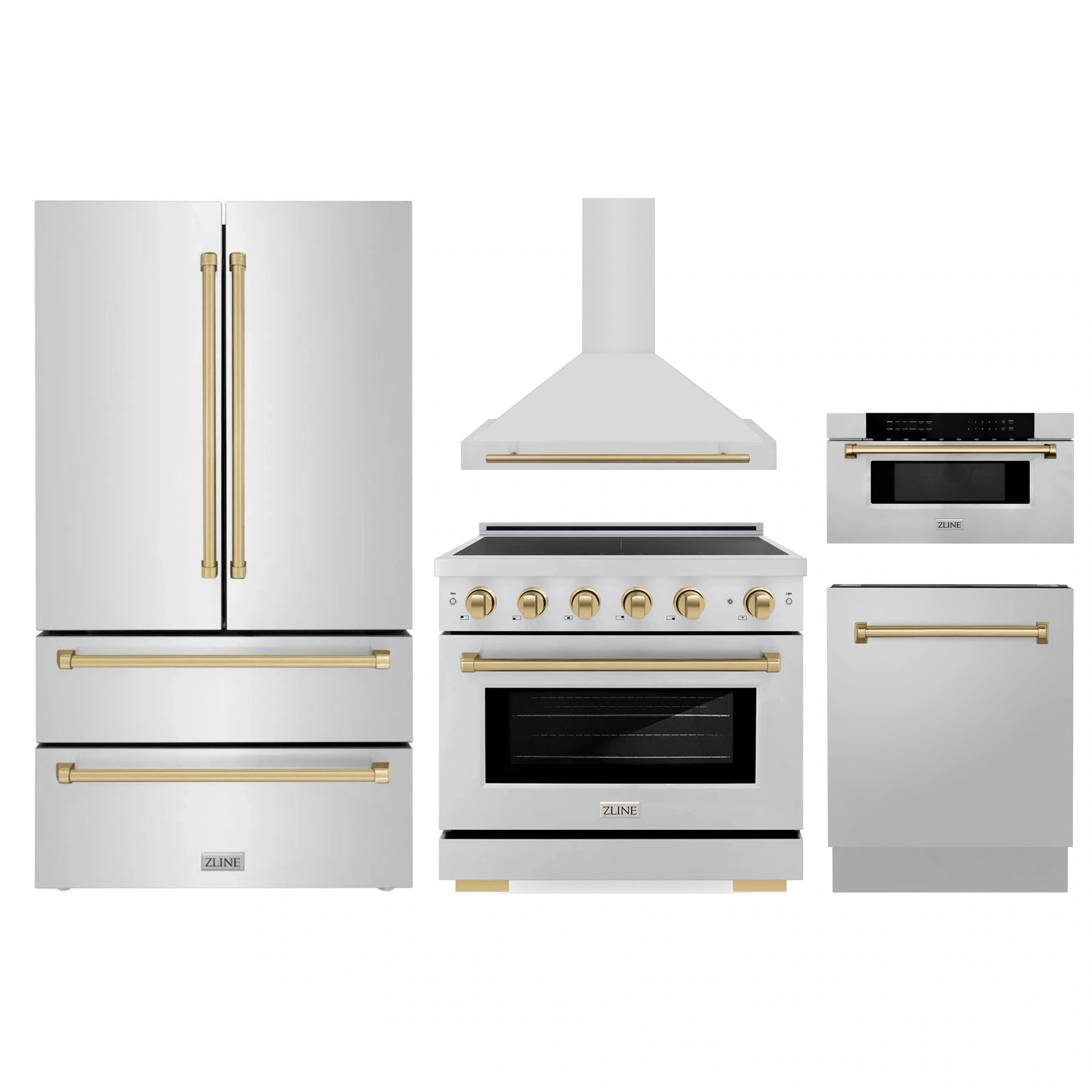 Stainless appliance package with champagne bronze accents: refrigerator, range, hood, dishwasher