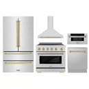 ZLINE 5-Piece Appliance Package - 36-Inch Autograph Edition Induction Range, Wall Mount Range Hood, 36-Inch French Door Refrigerator, Dishwasher, and 30-Inch Microwave Drawer in Stainless Steel with Champagne Bronze Accents
