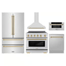 ZLINE 5-Piece Appliance Package - 36-Inch Autograph Edition Induction Range, Wall Mount Range Hood, 36-Inch French Door Refrigerator, Dishwasher, and 30-Inch Microwave Drawer in Stainless Steel with Champagne Bronze Accents