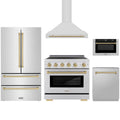 ZLINE 5-Piece Appliance Package - 36-Inch Autograph Edition Induction Range, Wall Mount Range Hood, 36-Inch French Door Refrigerator, Dishwasher, and 24-Inch Microwave Drawer in Stainless Steel with Champagne Bronze Accents