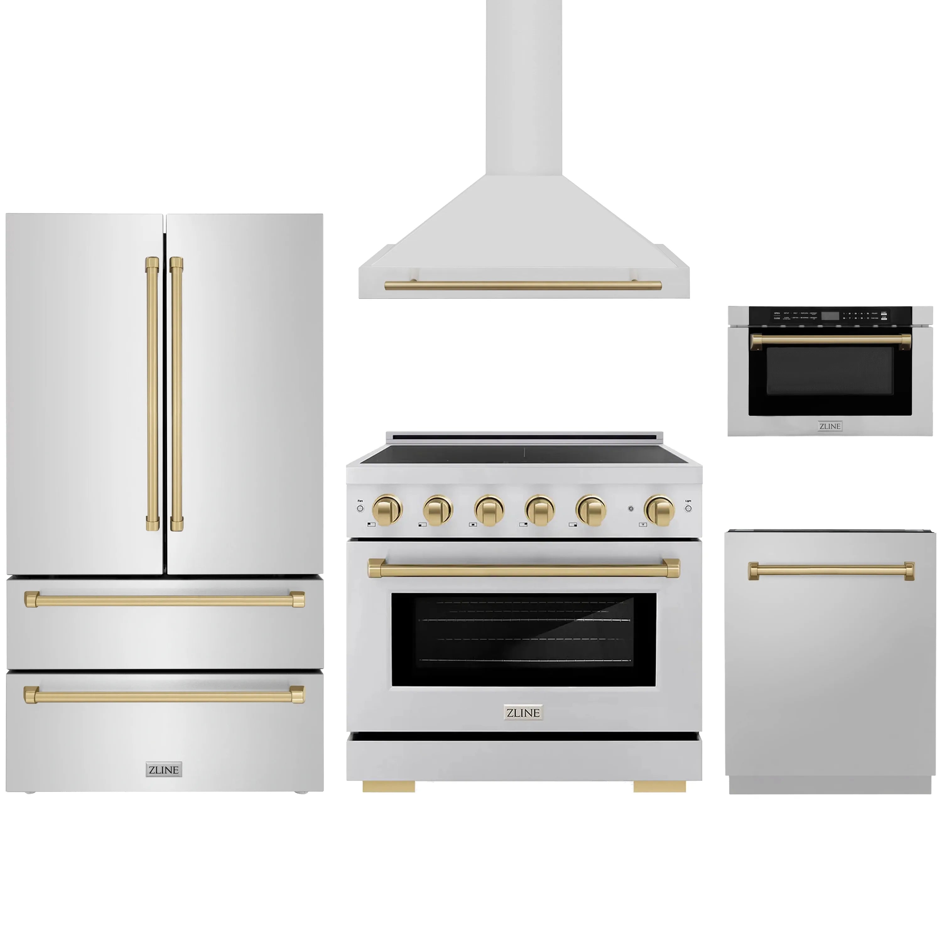 Stainless steel 5-piece appliance set with champagne bronze accents, range and hood