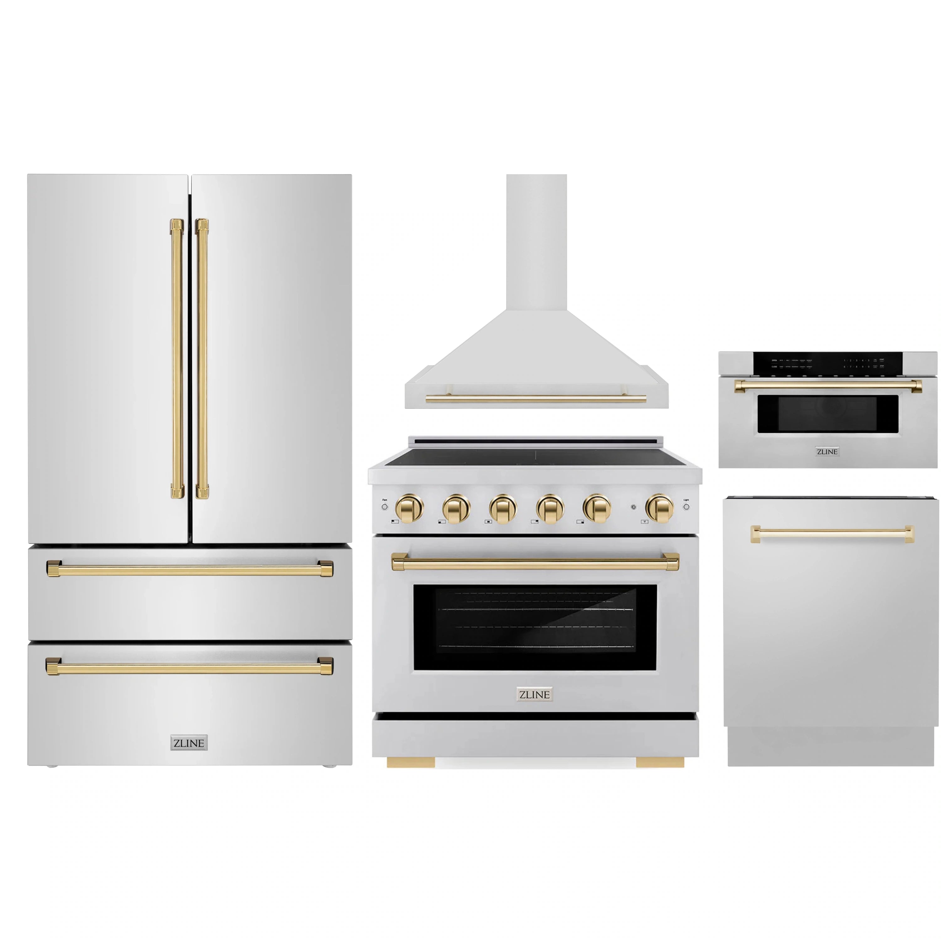 Stainless steel 5-piece appliance set with gold accents, range hood and drawers
