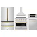ZLINE 5-Piece Appliance Package - 36-Inch Autograph Edition Induction Range, Wall Mount Range Hood, 36-Inch French Door Refrigerator, Dishwasher, and 30-Inch Microwave Drawer in Stainless Steel with Gold Accents