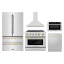 ZLINE 5-Piece Appliance Package - 36-Inch Autograph Edition Induction Range, Wall Mount Range Hood, 36-Inch French Door Refrigerator, Dishwasher, and 30-Inch Microwave Drawer in Stainless Steel with Gold Accents