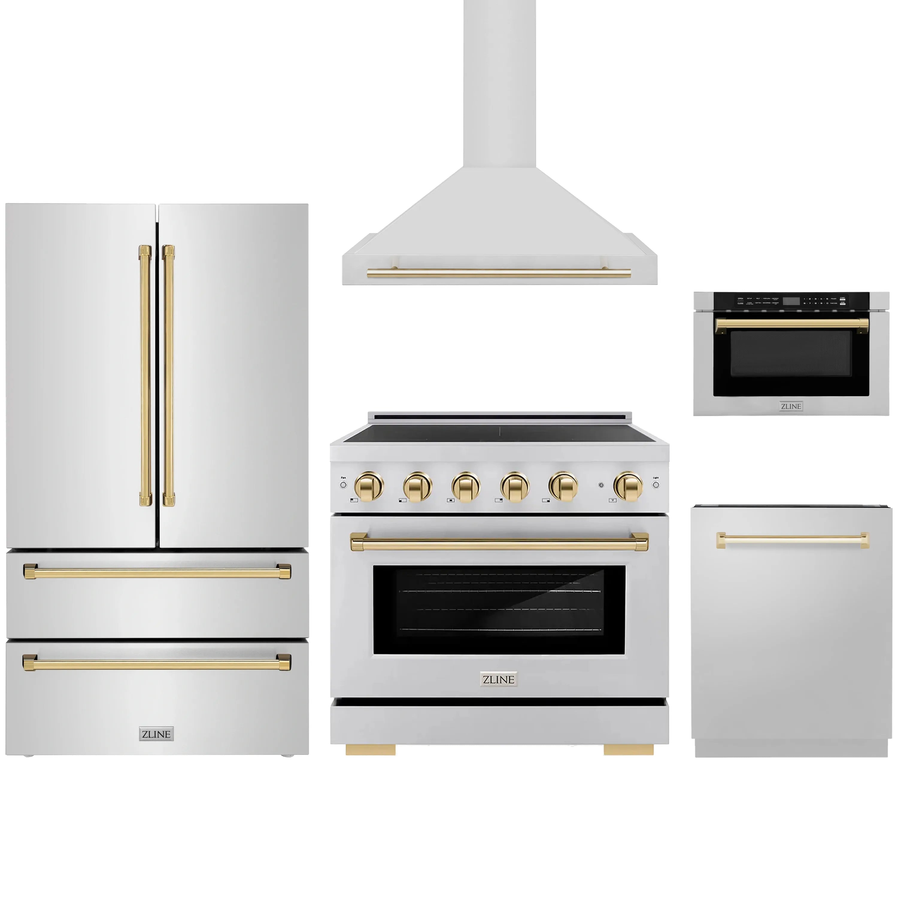 Stainless steel appliance bundle with gold accents: refrigerator, induction range, microwave