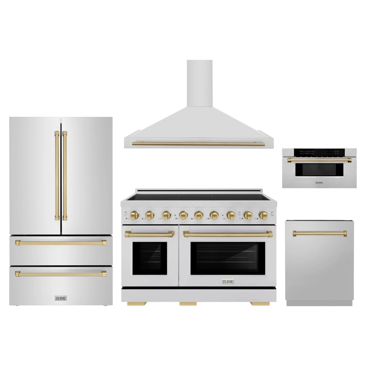 ZLINE 5-Piece Appliance Package - 48-Inch Autograph Edition Induction Range, Wall Mount Range Hood, 36-Inch French Door Refrigerator, Dishwasher, and 30-Inch Microwave Drawer in Stainless Steel with Champagne Bronze Accents