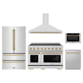 ZLINE 5-Piece Appliance Package - 48-Inch Autograph Edition Induction Range, Wall Mount Range Hood, 36-Inch French Door Refrigerator, Dishwasher, and 24-Inch Microwave Drawer in Stainless Steel with Champagne Bronze Accents