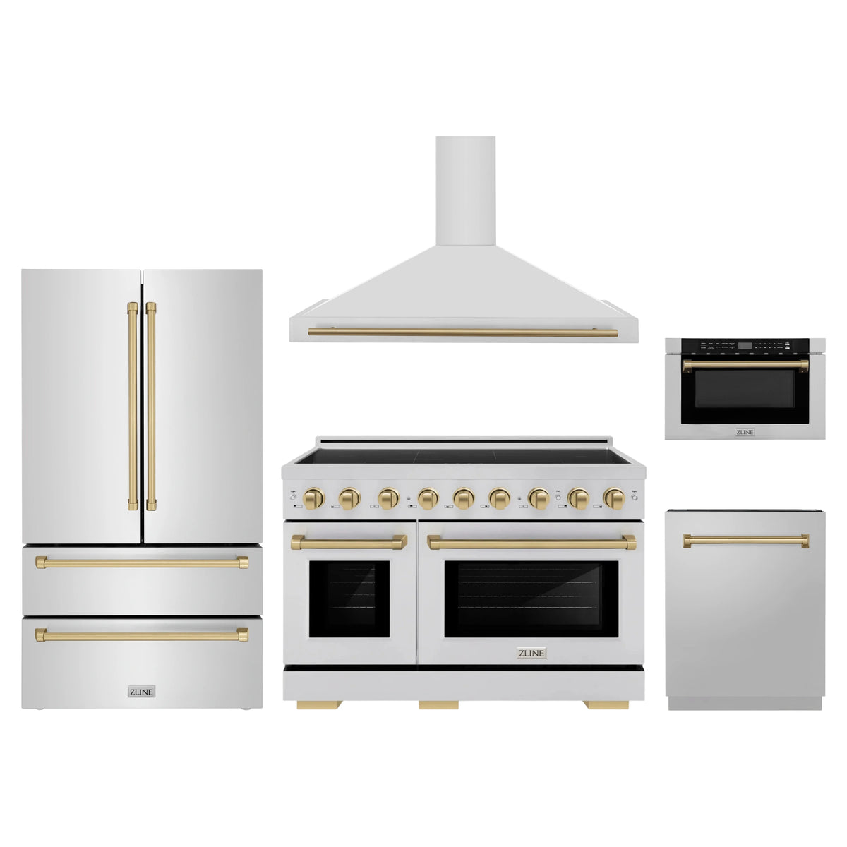 ZLINE 5-Piece Appliance Package - 48-Inch Autograph Edition Induction Range, Wall Mount Range Hood, 36-Inch French Door Refrigerator, Dishwasher, and 24-Inch Microwave Drawer in Stainless Steel with Champagne Bronze Accents