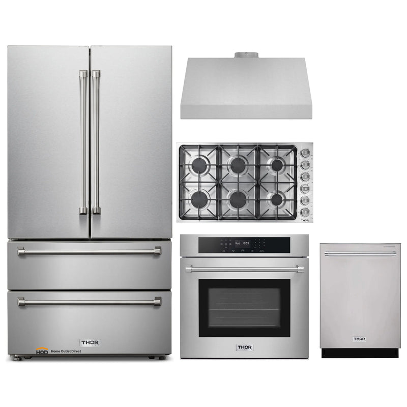 Thor Kitchen 5-Piece Pro Appliance Package - 36-Inch Gas Cooktop, Electric Wall Oven, Under Cabinet Hood, Dishwasher & Refrigerator in Stainless Steel