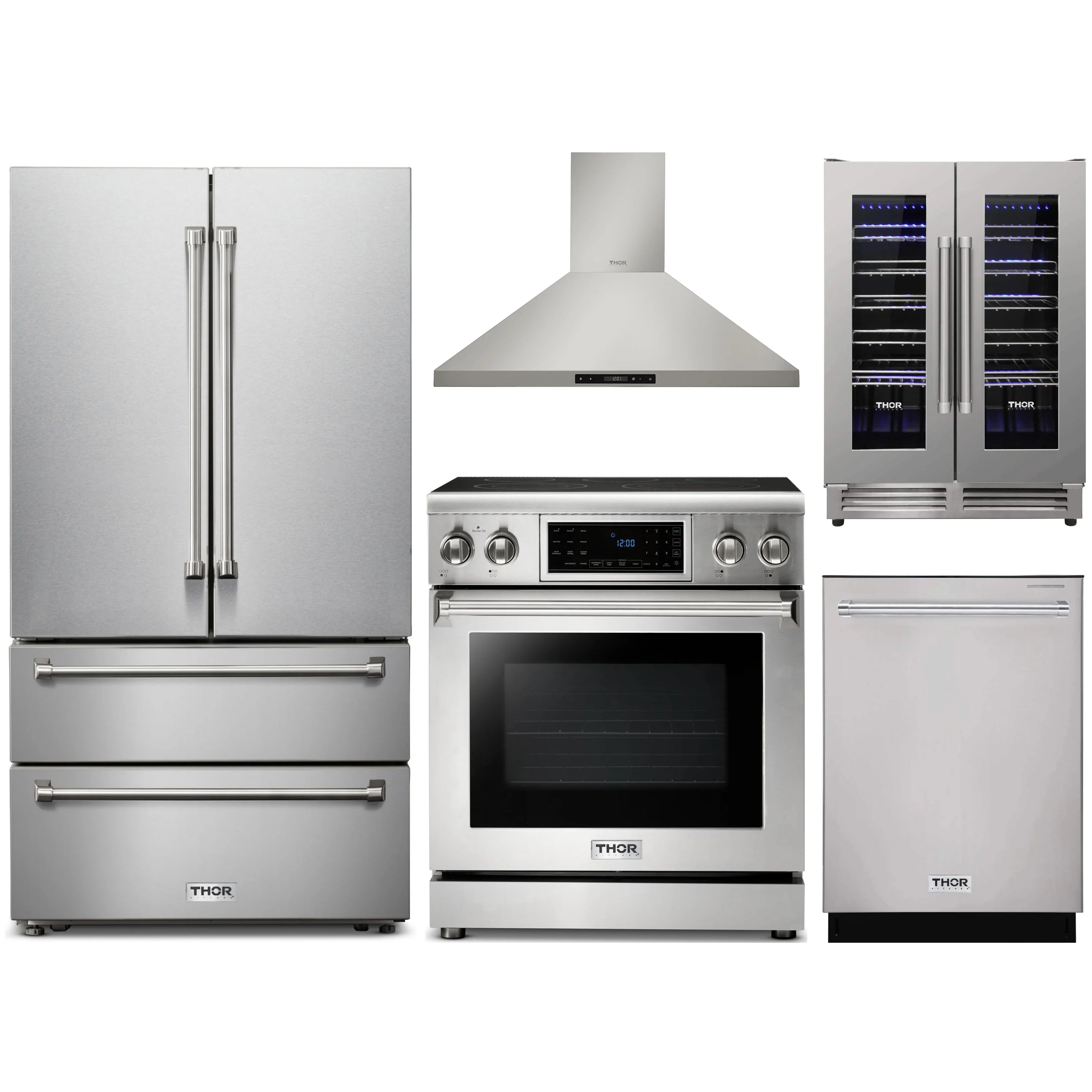 Thor Kitchen 5-piece appliance package with refrigerator, range, hood, and wine cooler