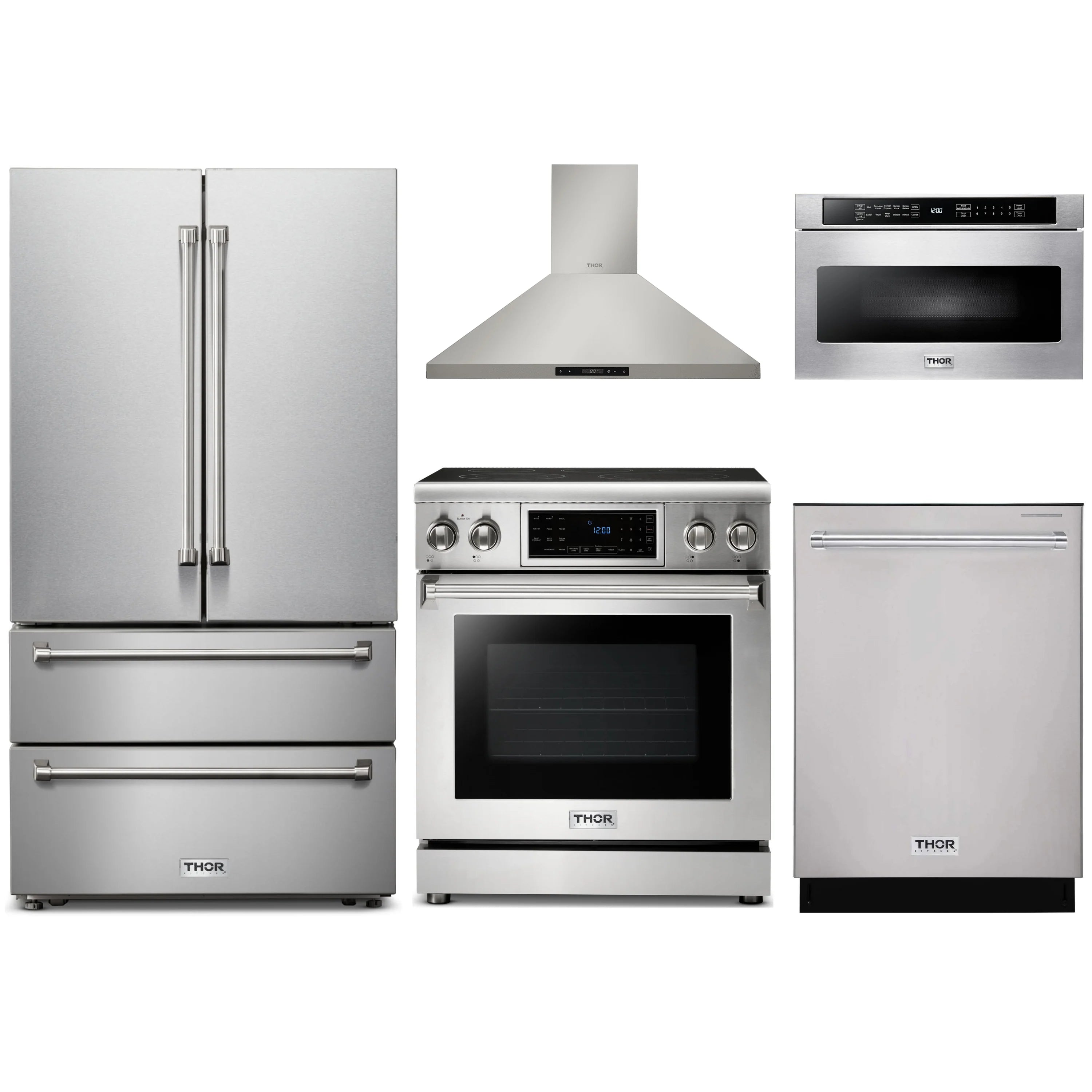 Thor Kitchen 5-piece stainless steel appliance package lineup