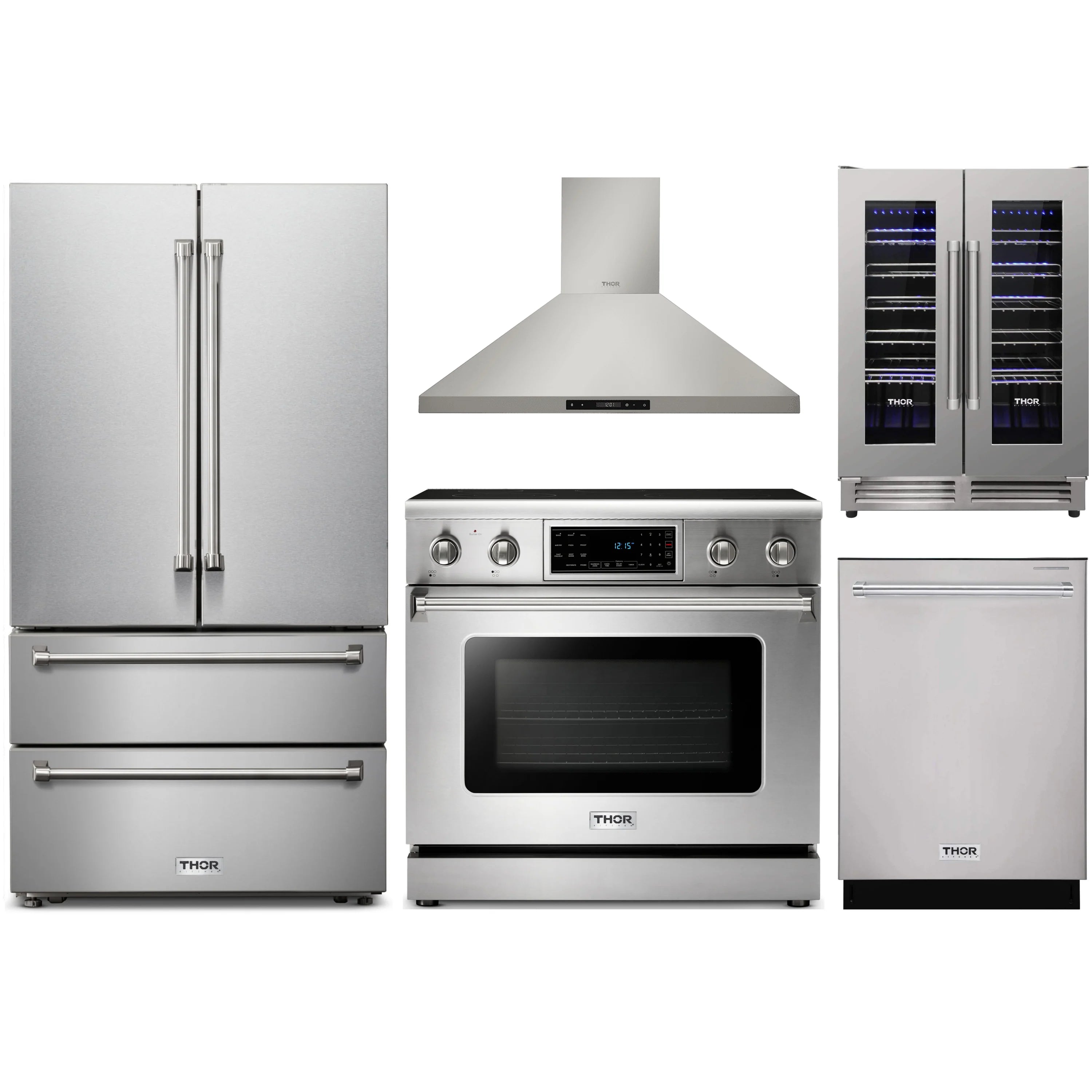 Stainless steel appliance package featuring electric range, wall hood, and French door refrigerator