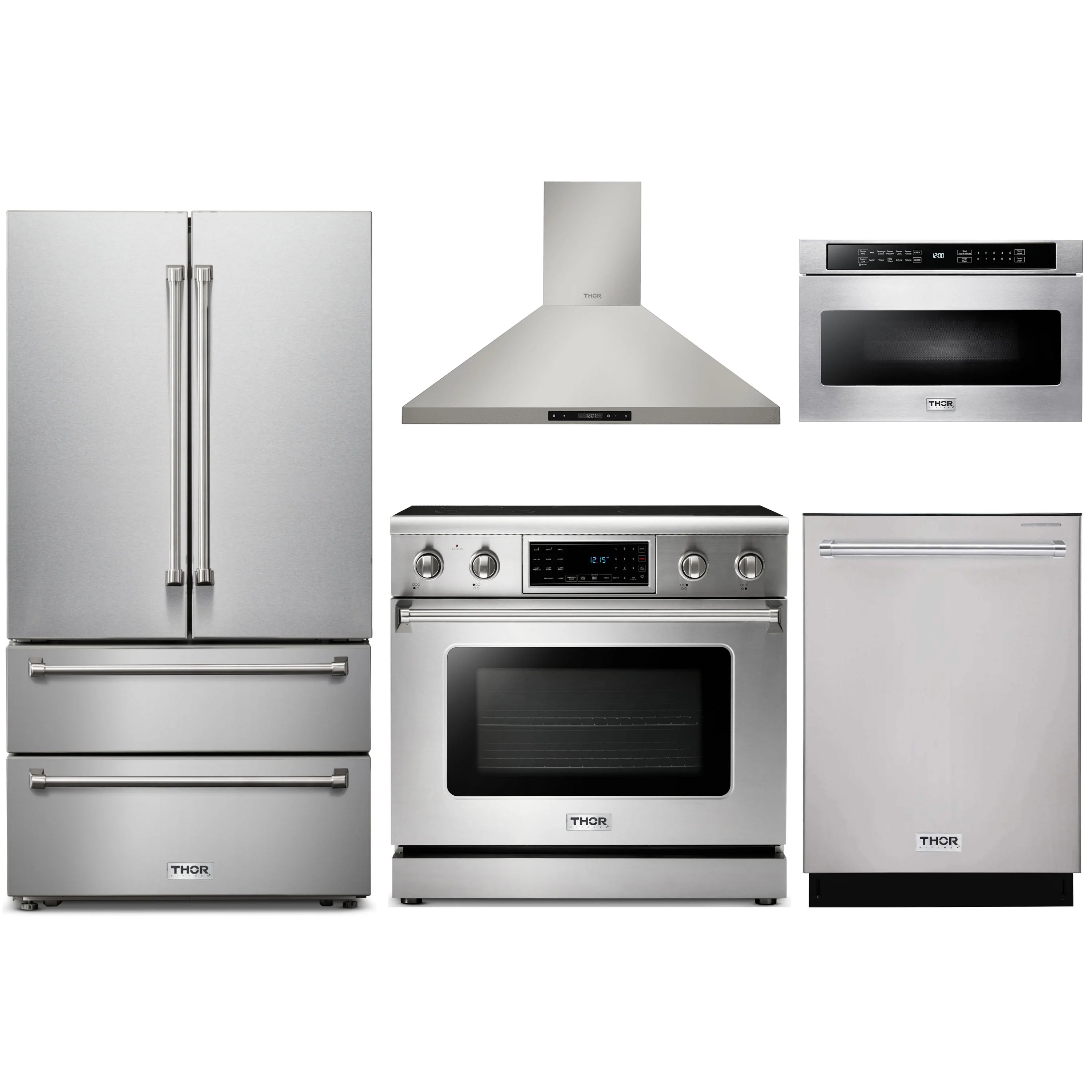 Stainless steel kitchen appliance set with range, refrigerator, hood, dishwasher, and microwave drawer