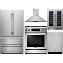 Thor Kitchen 5-Piece Appliance Package - 30-Inch Propane Gas Range, Tilt Panel, French Door Refrigerator, Wall Mount Hood, Dishwasher, and Wine Cooler in Stainless Steel