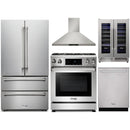 Thor Kitchen 5-Piece Appliance Package - 30-Inch Gas Range with Tilt Panel, French Door Refrigerator, Wall Mount Hood, Dishwasher, and Wine Cooler in Stainless Steel