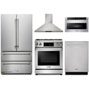 Thor Kitchen 5-Piece Appliance Package - 30-Inch Propane Gas Range, Tilt Panel, French Door Refrigerator, Wall Mount Hood, Dishwasher, and Microwave Drawer in Stainless Steel