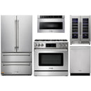 Thor Kitchen 5-Piece Appliance Package - 36-Inch Propane Gas Range, Tilt Panel, French Door Refrigerator, Dishwasher, Microwave Drawer, & Wine Cooler in Stainless Steel