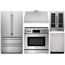Thor Kitchen 5-Piece Appliance Package - 36-Inch Gas Range with Tilt Panel, French Door Refrigerator, Under Cabinet Hood, Dishwasher, and Wine Cooler in Stainless Steel
