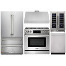 Thor Kitchen 5-Piece Appliance Package - 36-Inch Propane Gas Range, Tilt Panel, French Door Refrigerator, Under Cabinet Hood, Dishwasher, and Wine Cooler in Stainless Steel